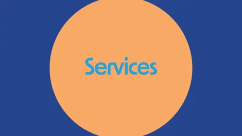 navy background, orange circle that reads "Services"